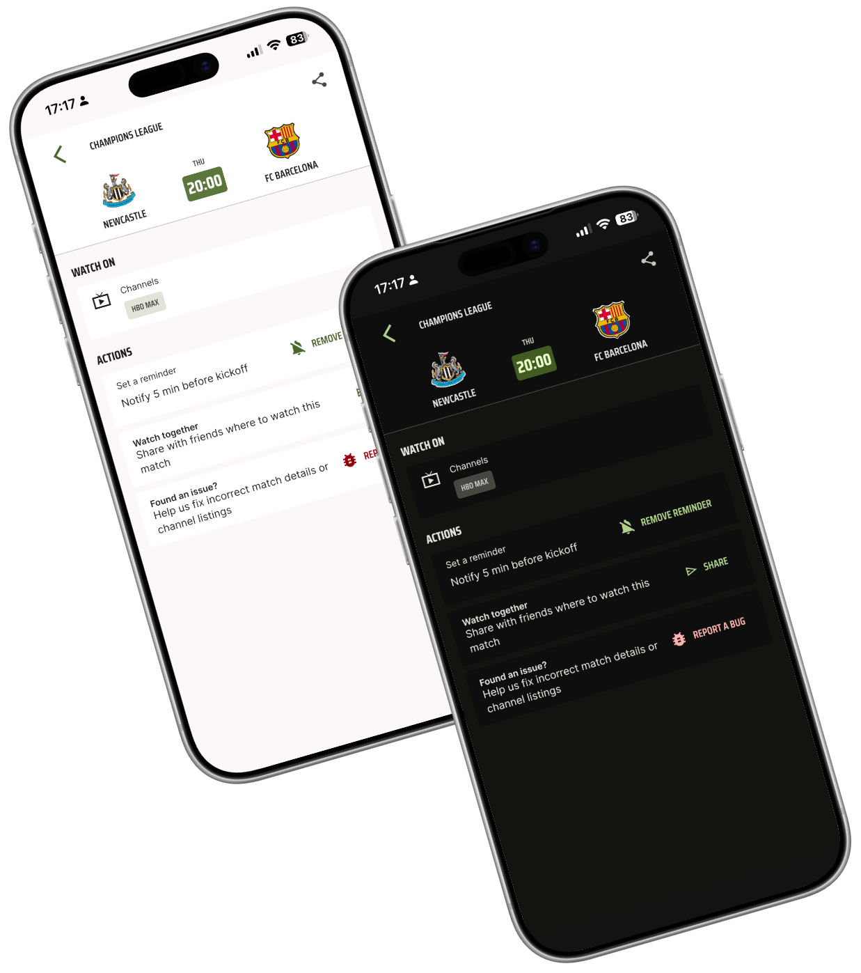 CardápioFC app screenshots showing football match schedules in both dark mode and light mode, displaying TV channels and streaming options for Brazilian football fans