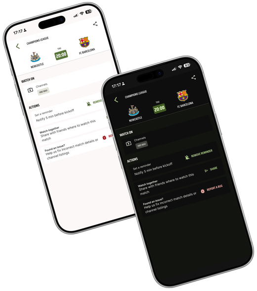 CardápioFC app screenshots showing football match schedules in both dark mode and light mode, displaying TV channels and streaming options for Brazilian football fans