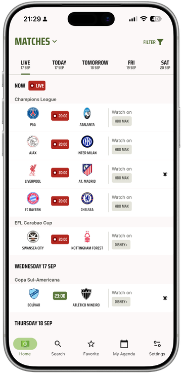 CardápioFC football app home screen showing live matches, TV channels, and streaming options for Brazilian viewers
