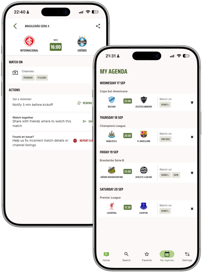 CardápioFC football app home screen showing live matches, TV channels, and streaming options for Brazilian viewers